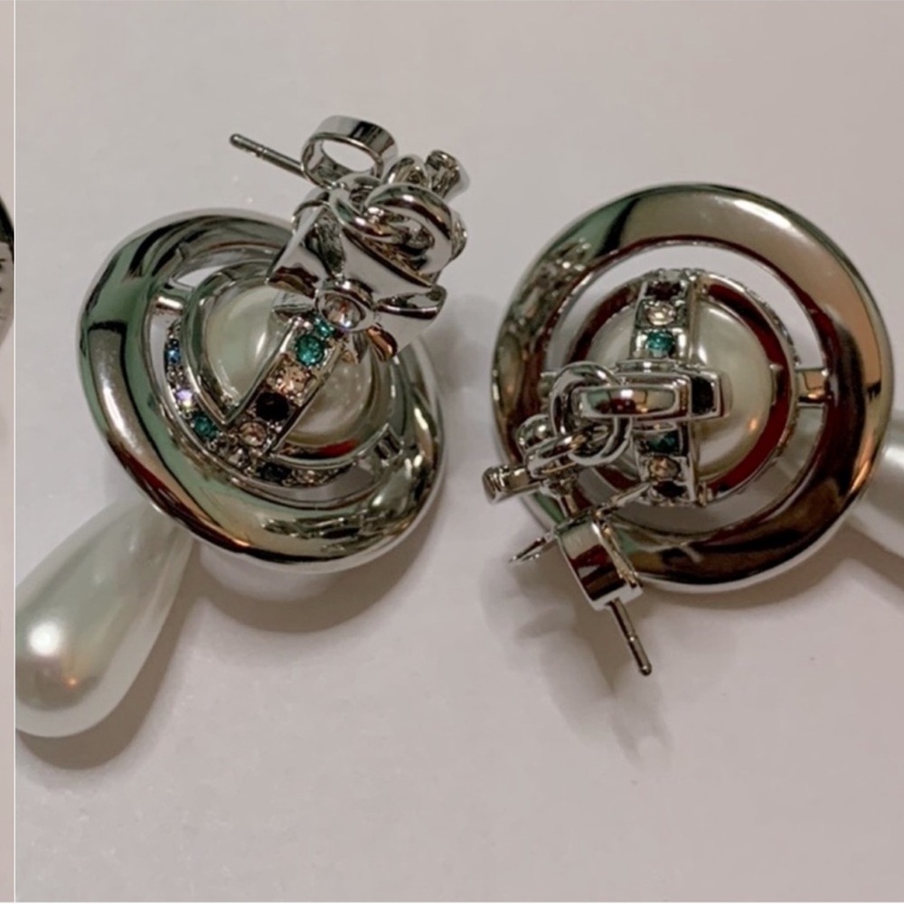 silver Saturn 🪐 orb pearl drop earrings 18k gold plated silver New - Picture 4 of 5